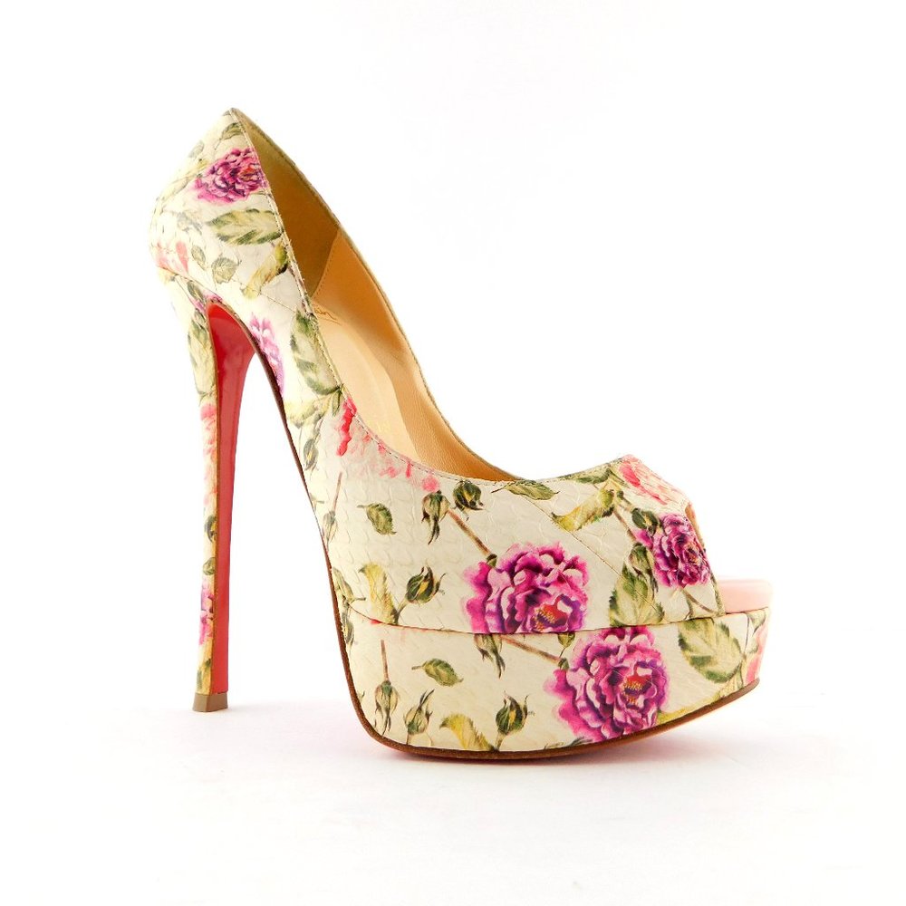 CHRISTIAN LOUBOUTIN Rose Floral Snake Skin Leather Platform Heel Pumps 36